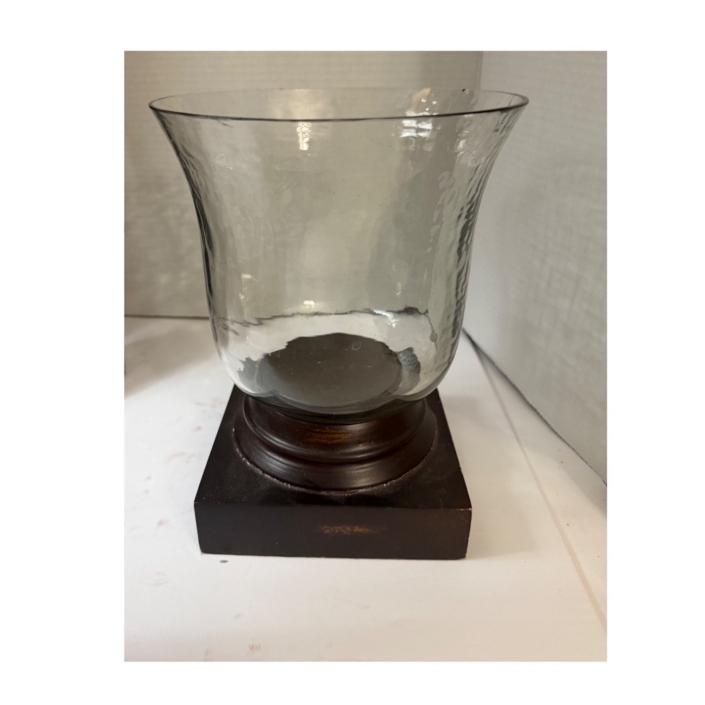 Pottery Barn Ryland Wood Hurricane Small Hammered Glass Candle Holder Espresso